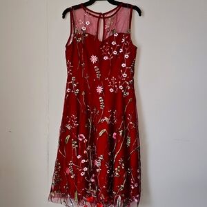 Deep red sleeveless dress - Sheer embroidery M